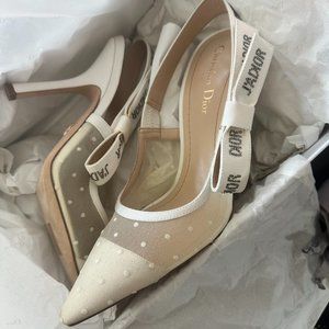 Christian Dior Polka Dot Print Mesh Accents Slingback Pumps with Cyrstals